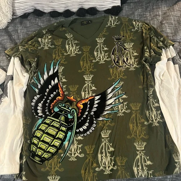 トップス Christian Audigier double sleeve shirt Christian Audigier Men's Small Skull Roses Double Sleeve T